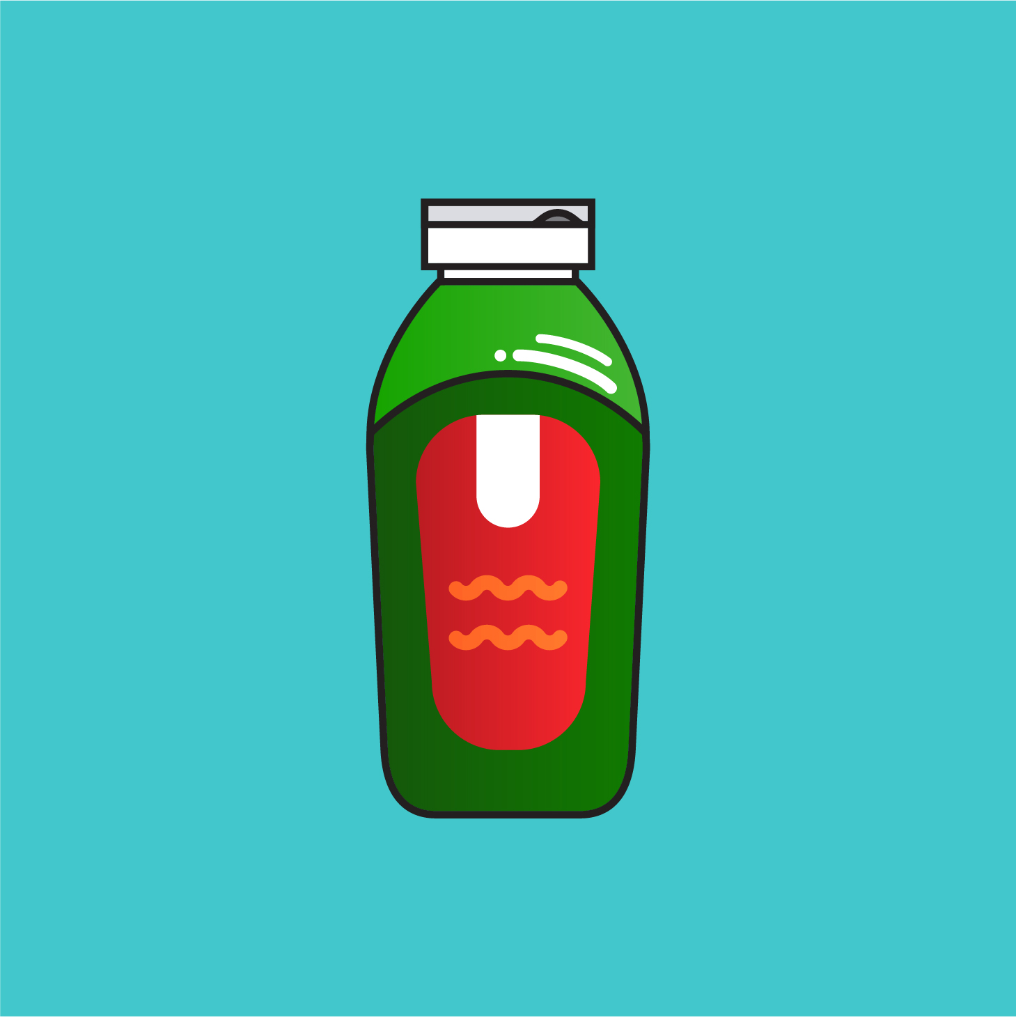 Vector icon of a green relish bottle on a teal background.