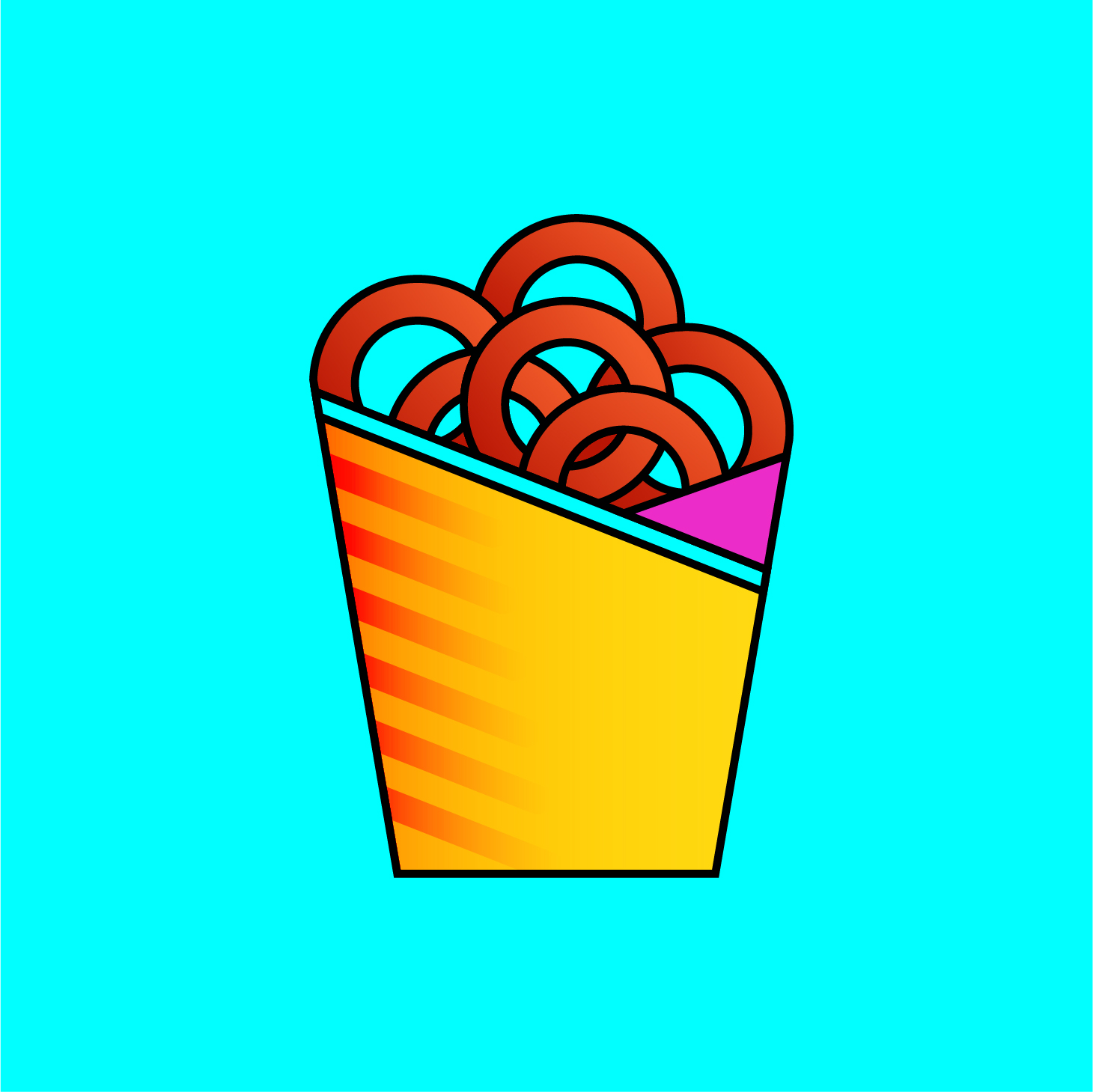 Vector icon of an order of onion rings on an electric blue background.