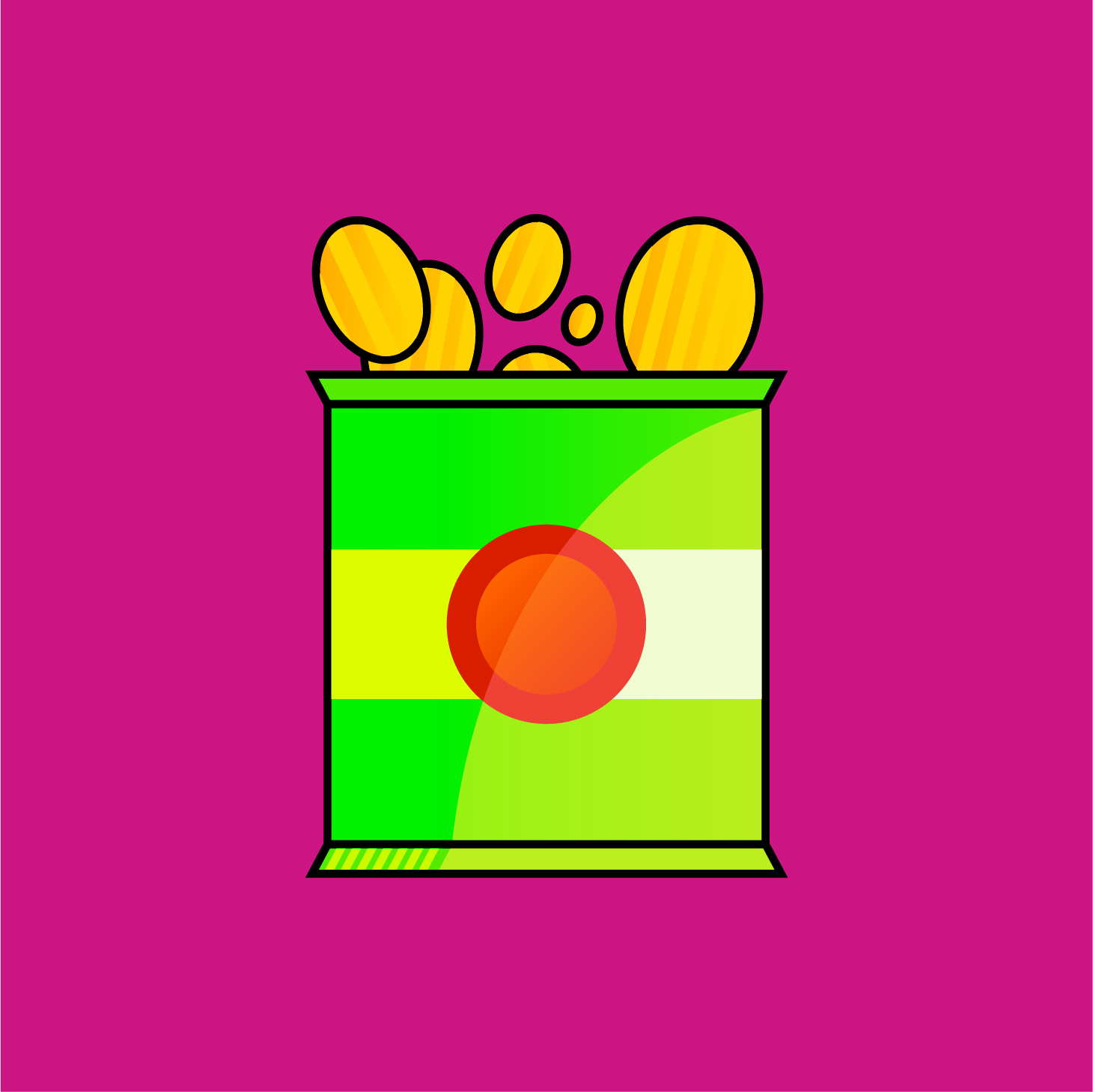 Vector icon of a bag of chips on a cranberry pink background.