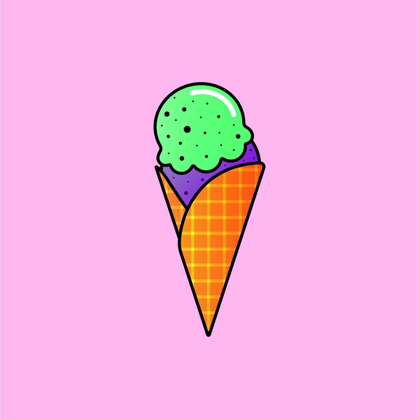 - - Vector icon of a waffle cone with two scoops of ice cream on a light pink background.