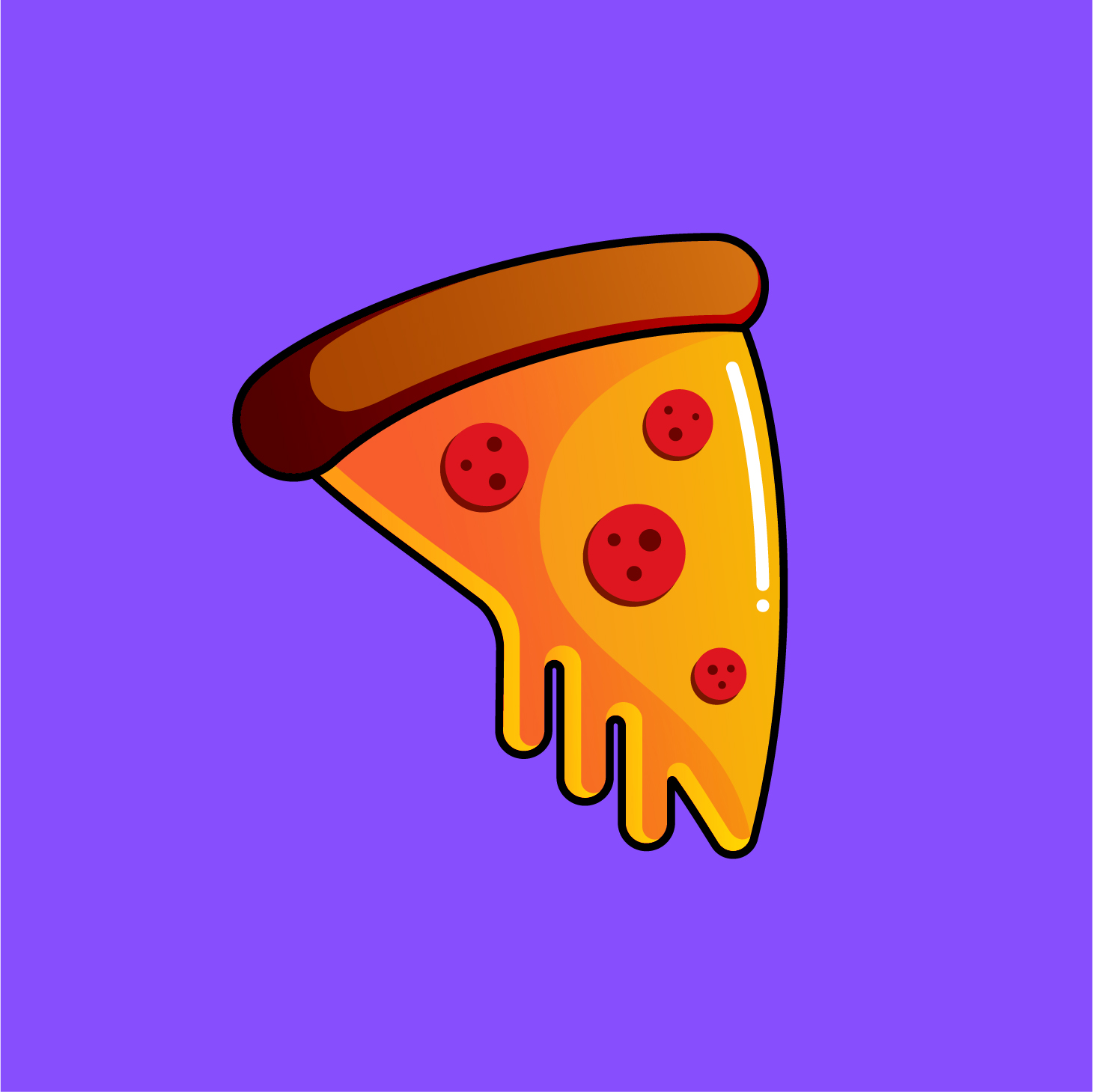 Vector icon of a slice of pepperoni pizza with the cheese dripping on a purple background.