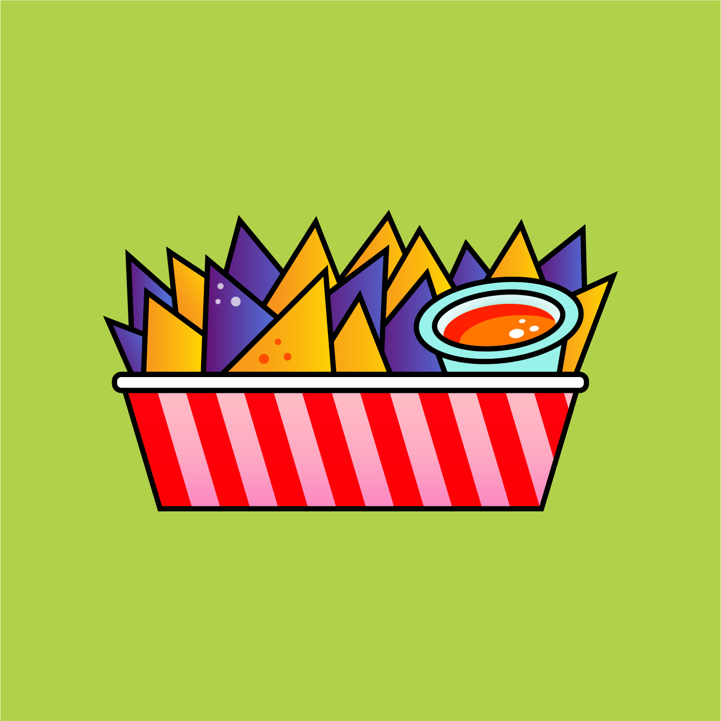 Vector icon of a nachos basket on a yellow-green background.