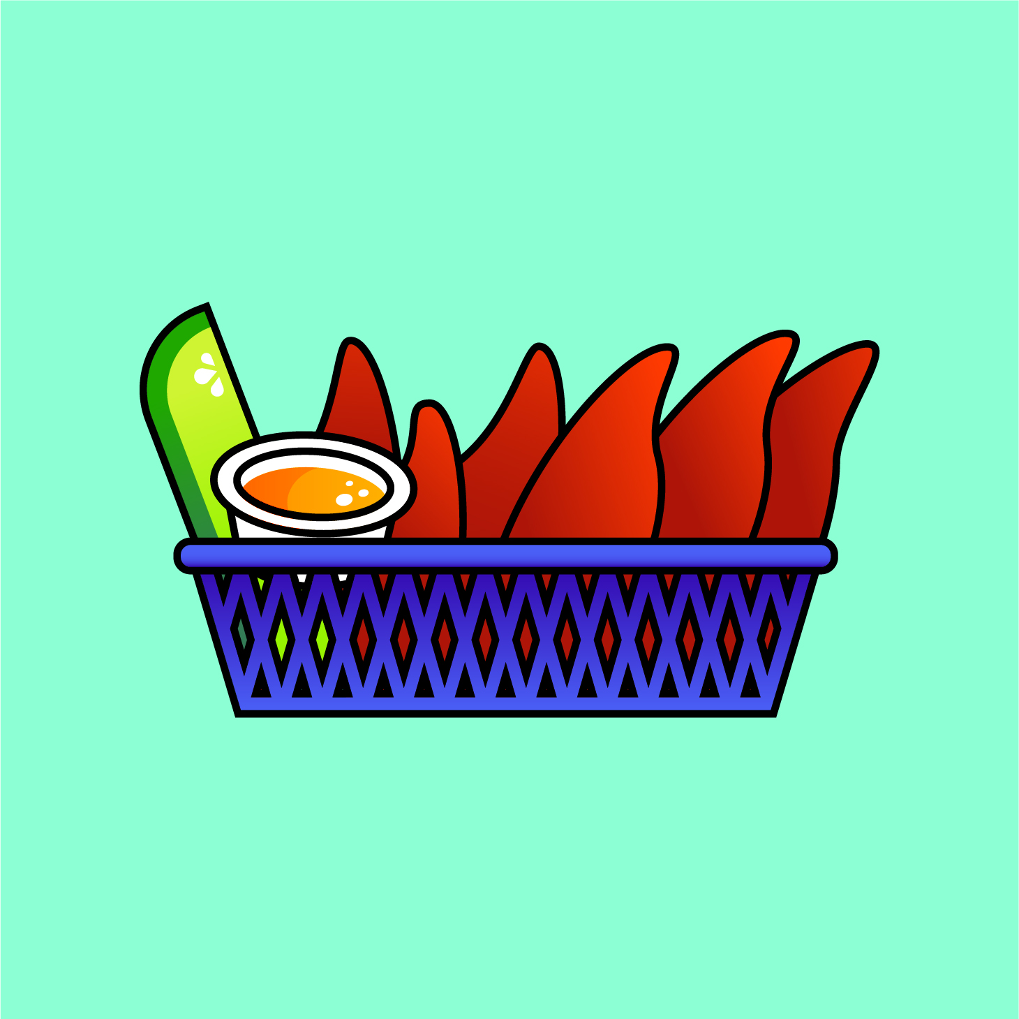 Vector icon of a chicken finger basket on a light teal background.