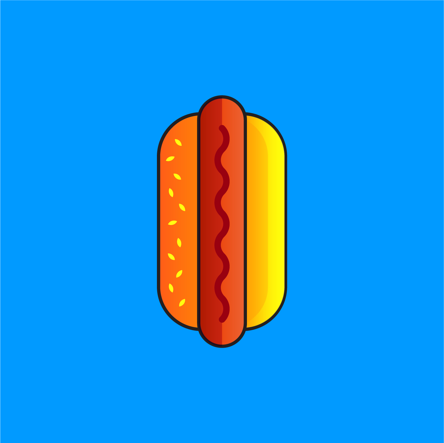 Vector icon of a hot dog on a medium blue background.