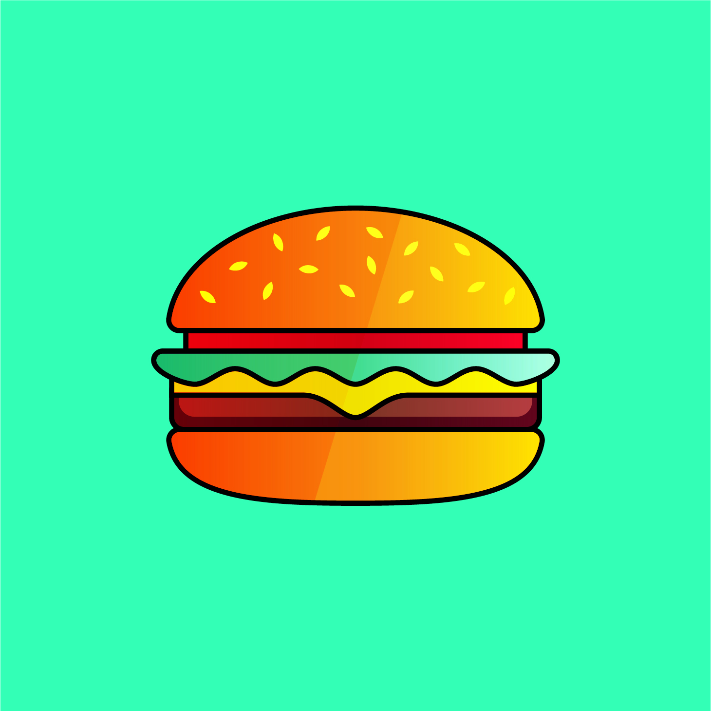 Vector icon of a cheeseburger on a bright teal background.