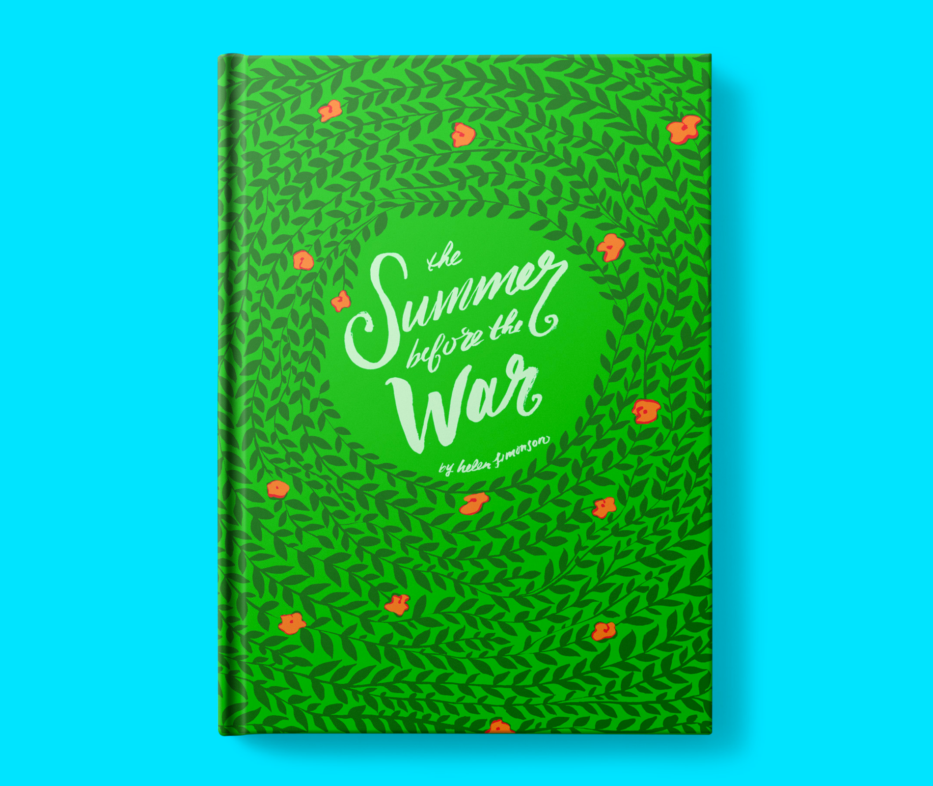 Book cover of “The Summer Before the War” with the title written in light green cursive surrounded by a circling pattern of dark green vines, leaves, and bright red poppies on a light green background.