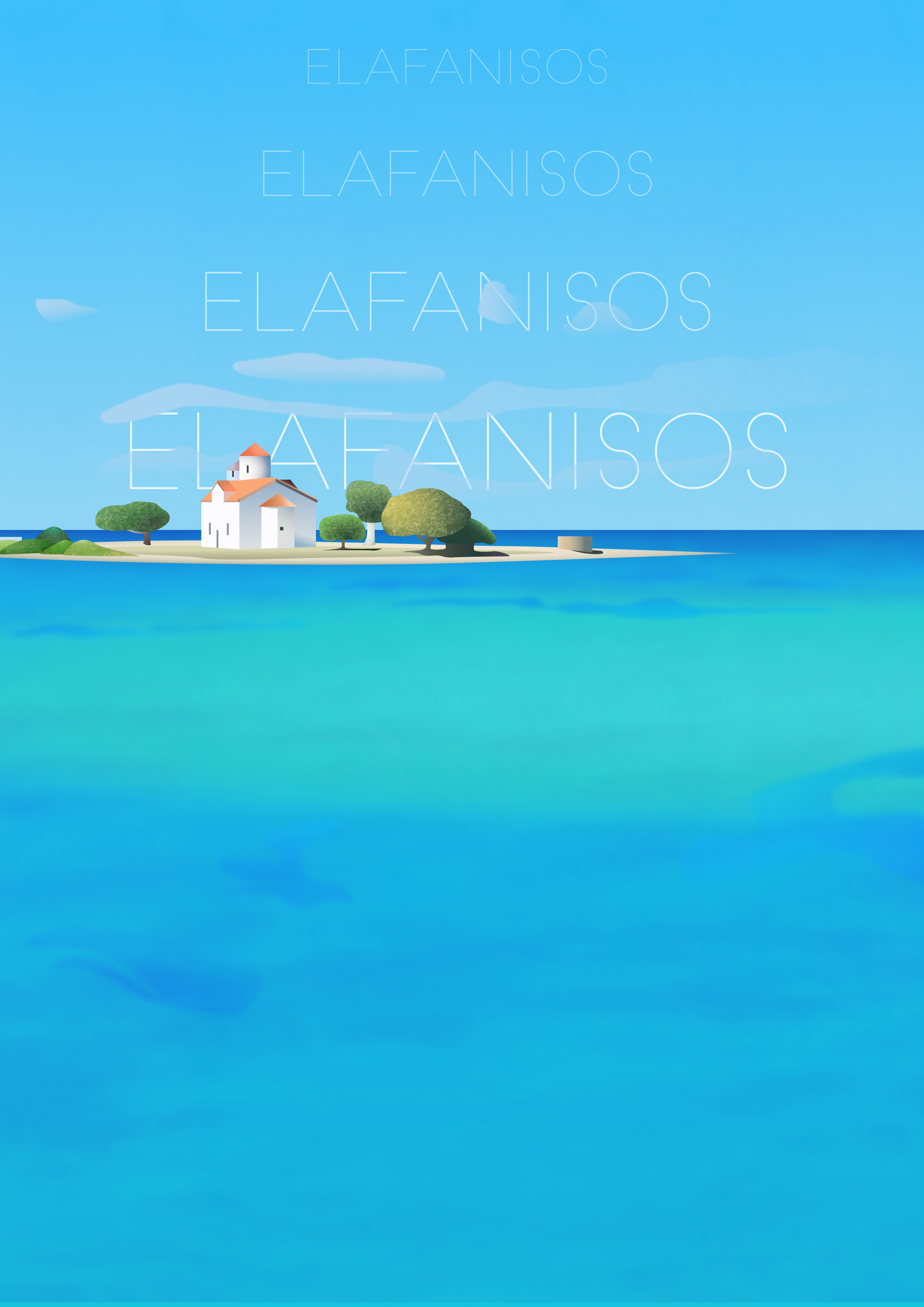 Minimalist vector travel poster of a white house with trees on a sandy inlet surrounded by bright blue water in Elafanisos, Greece.