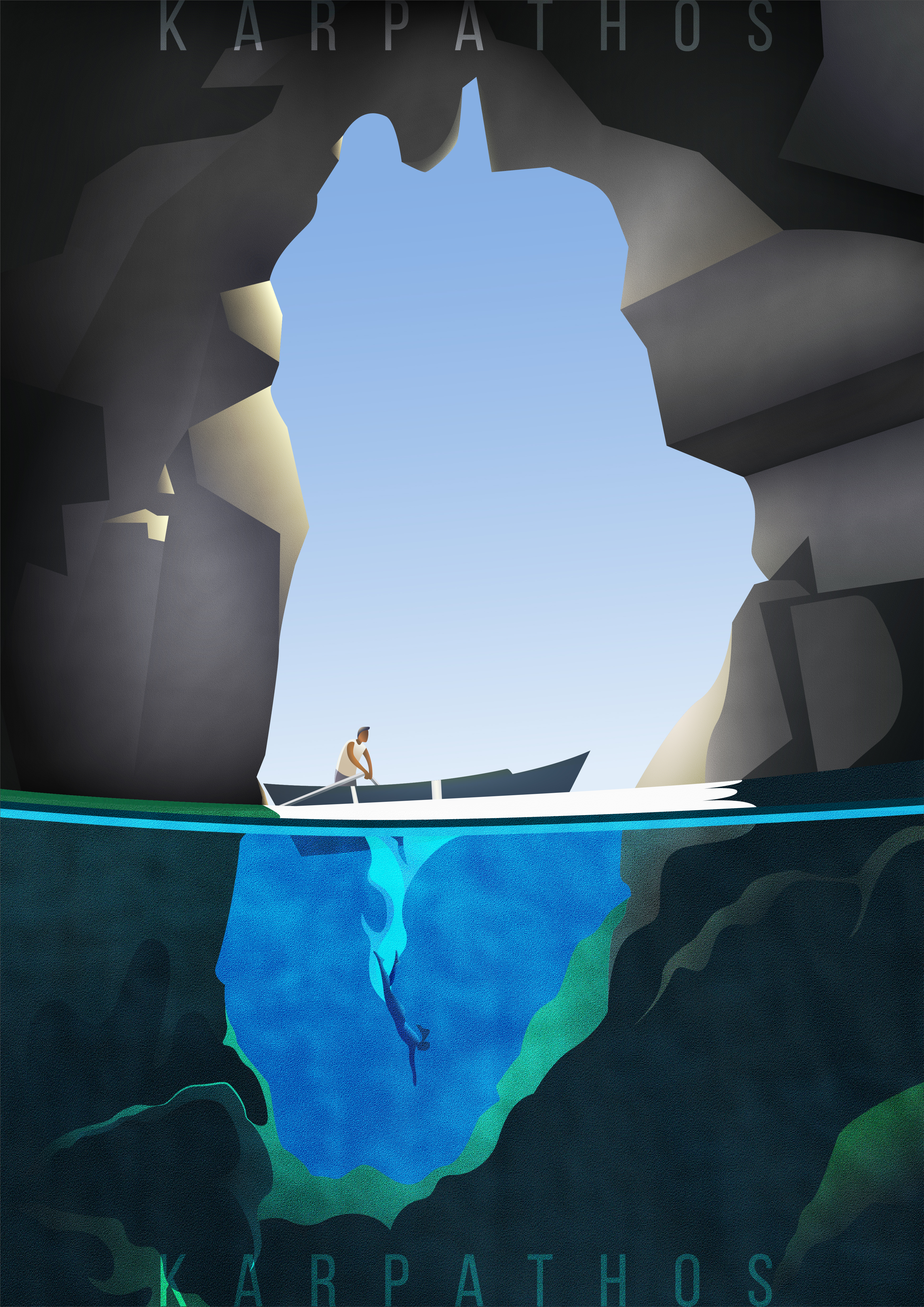 Minimalist vector travel poster of a woman diving off a rowboat into the ocean, surrounded by rock cliffs in Karpathos, Greece.