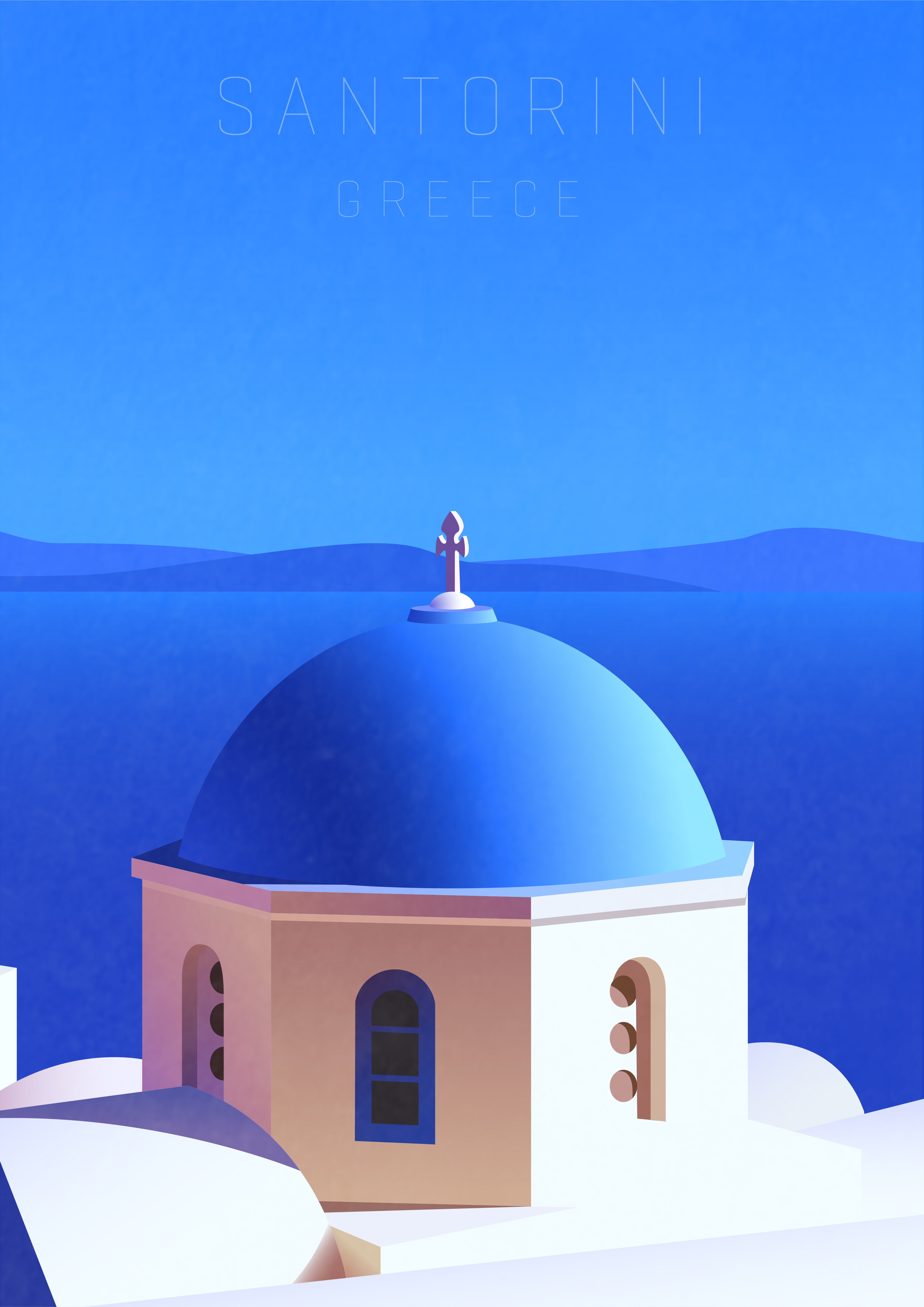 Minimalist vector travel poster of a blue and white domed Greek Orthodox church on a cliff overlooking the sea in Santorini, Greece.