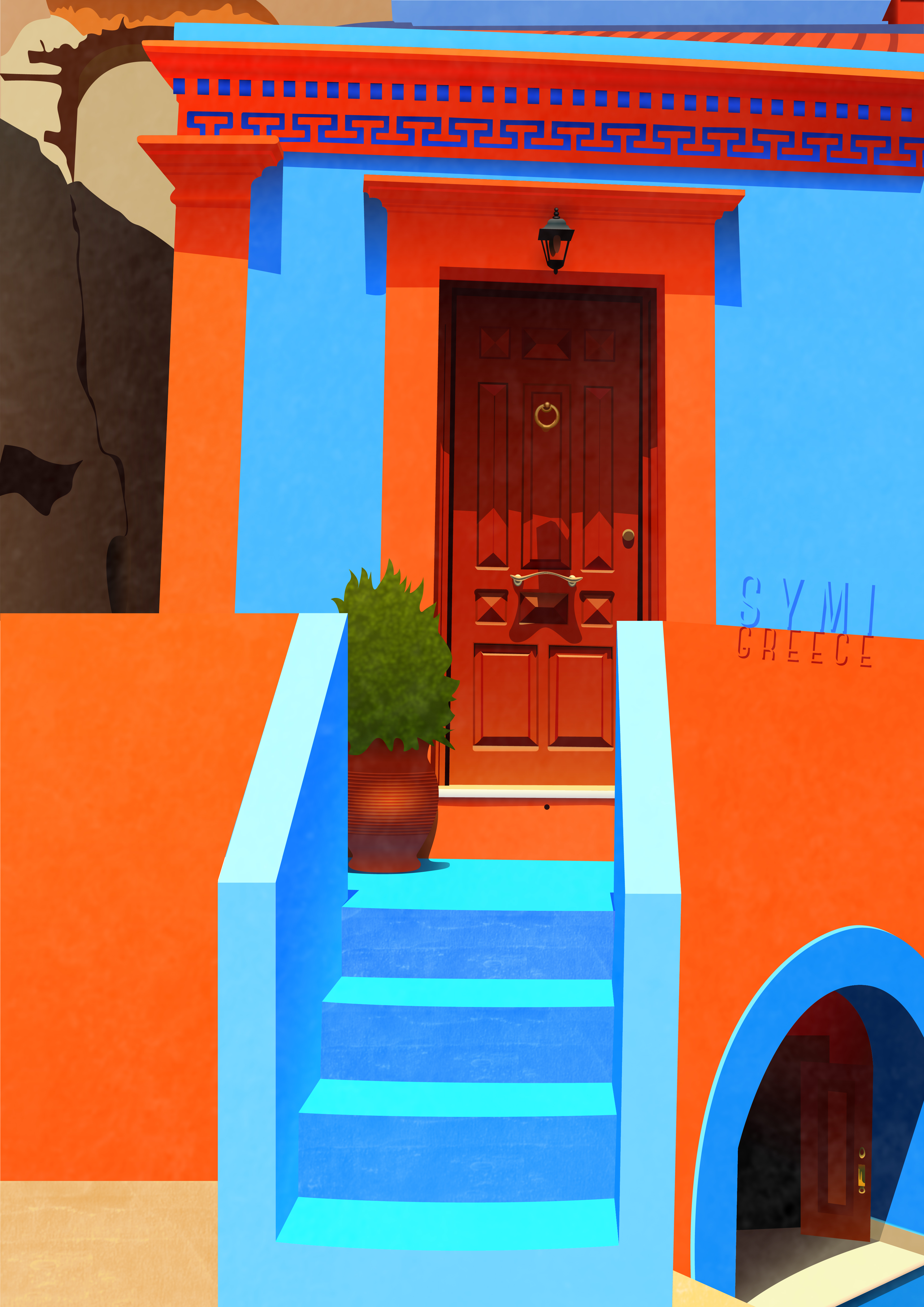 Minimalist vector travel poster of an orange house with blue walls and steps in Symi, Greece.