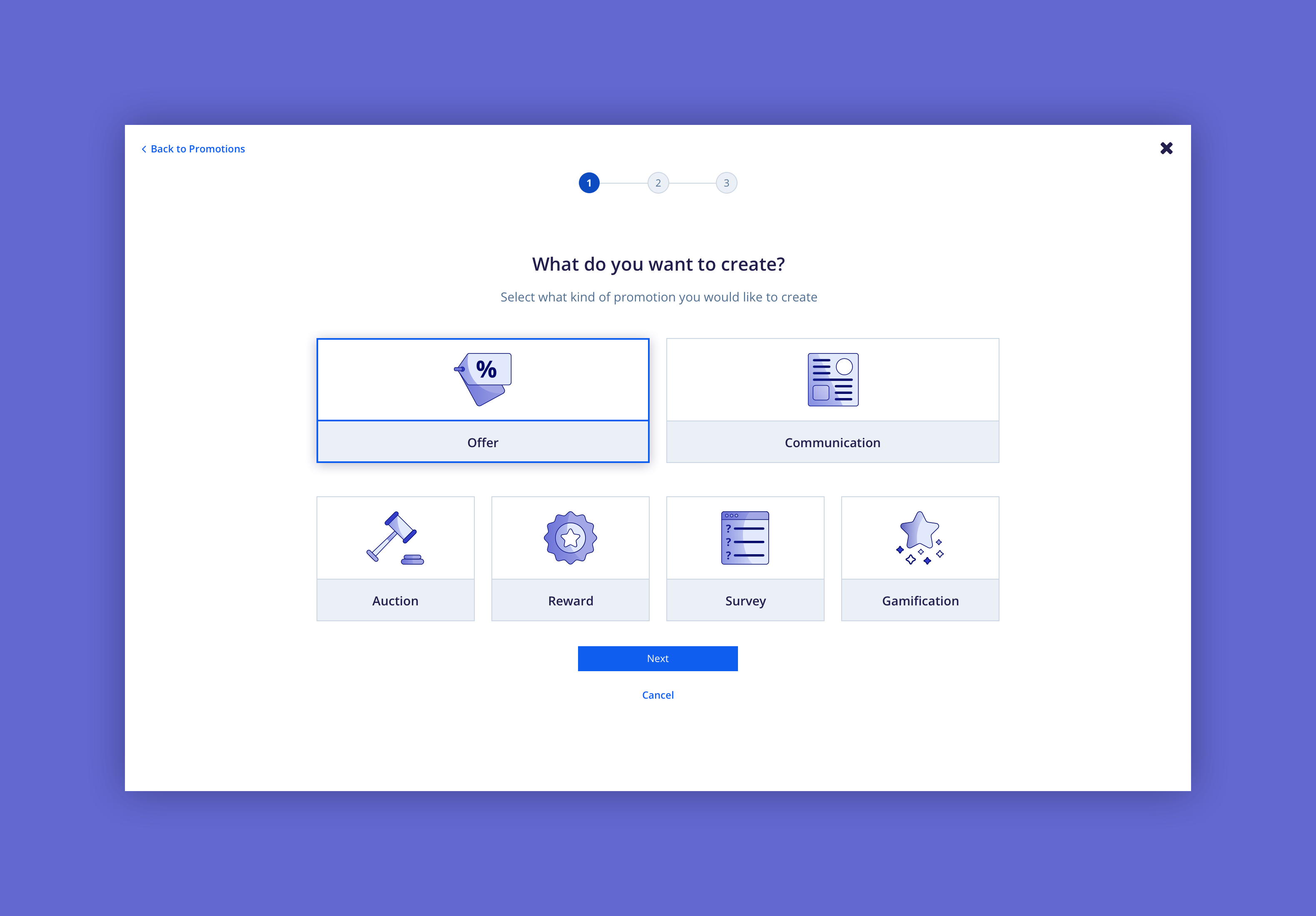 Screenshot of the Promotions product showing the first step of the create flow where you can choose from the six promotion type icons.