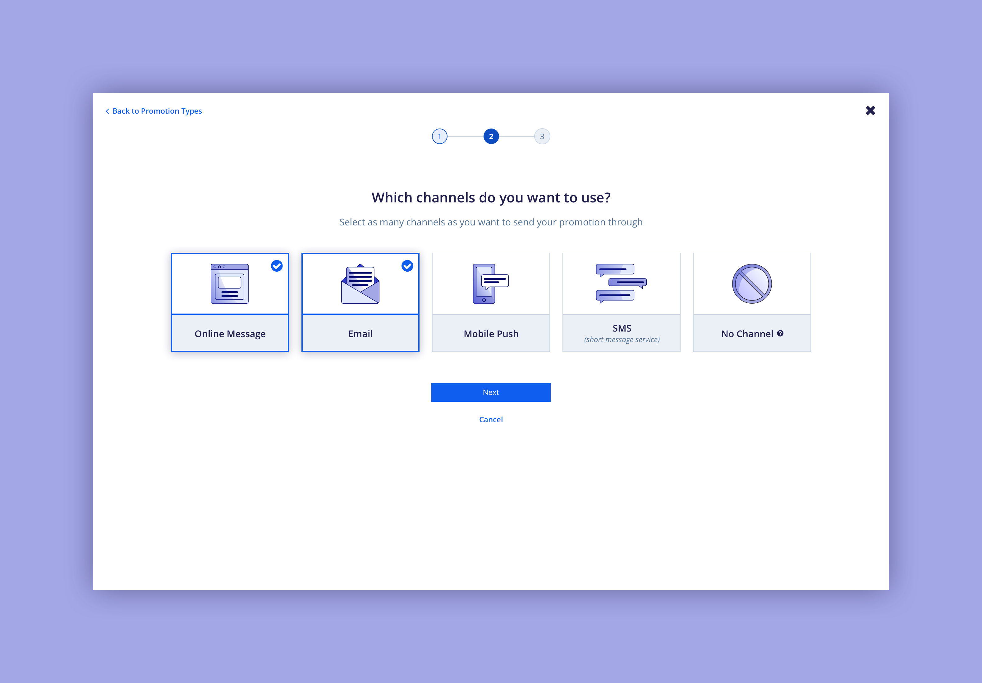 Screenshot of the Promotions product showing the second step of the create flow where you can choose from five channel icons.