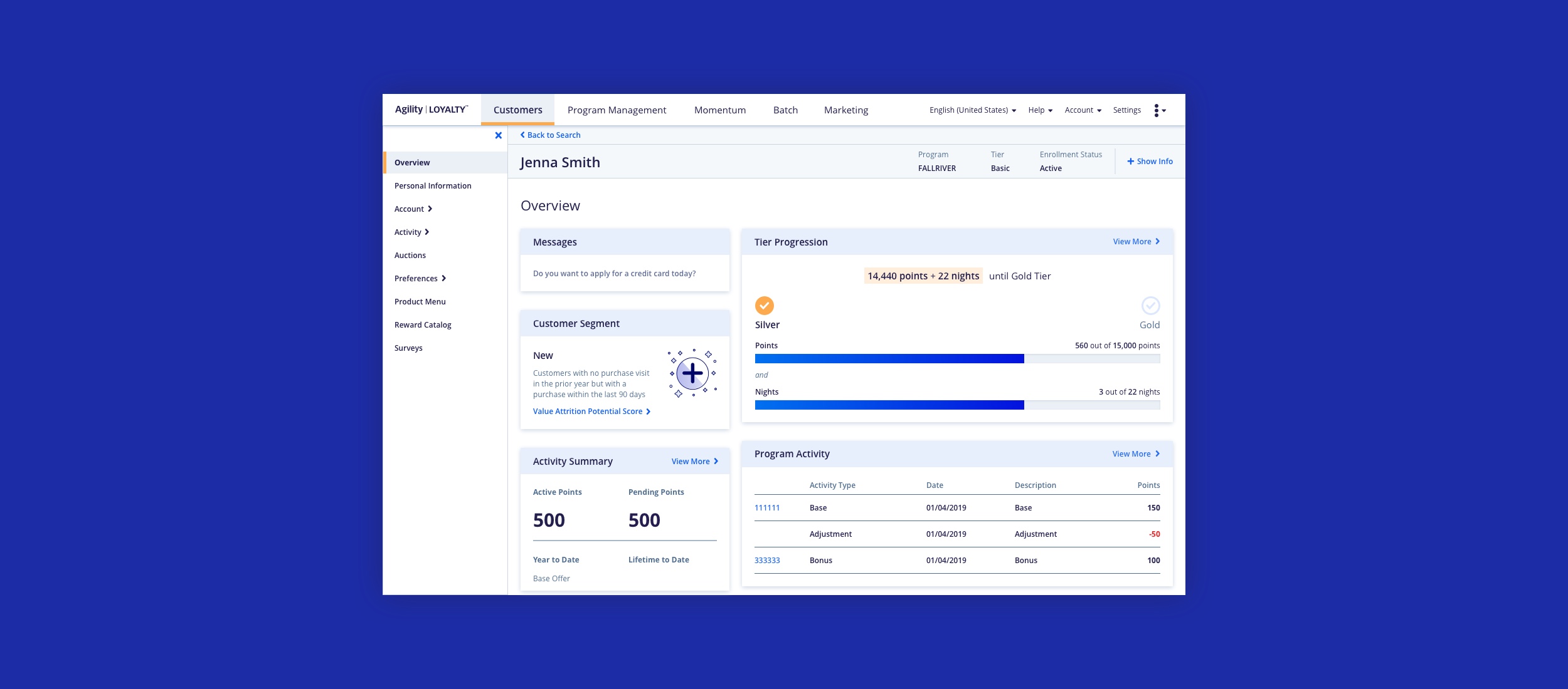 Screenshot of the Loyalty product showing a customer’s dashboard where their customer segment tile lives.