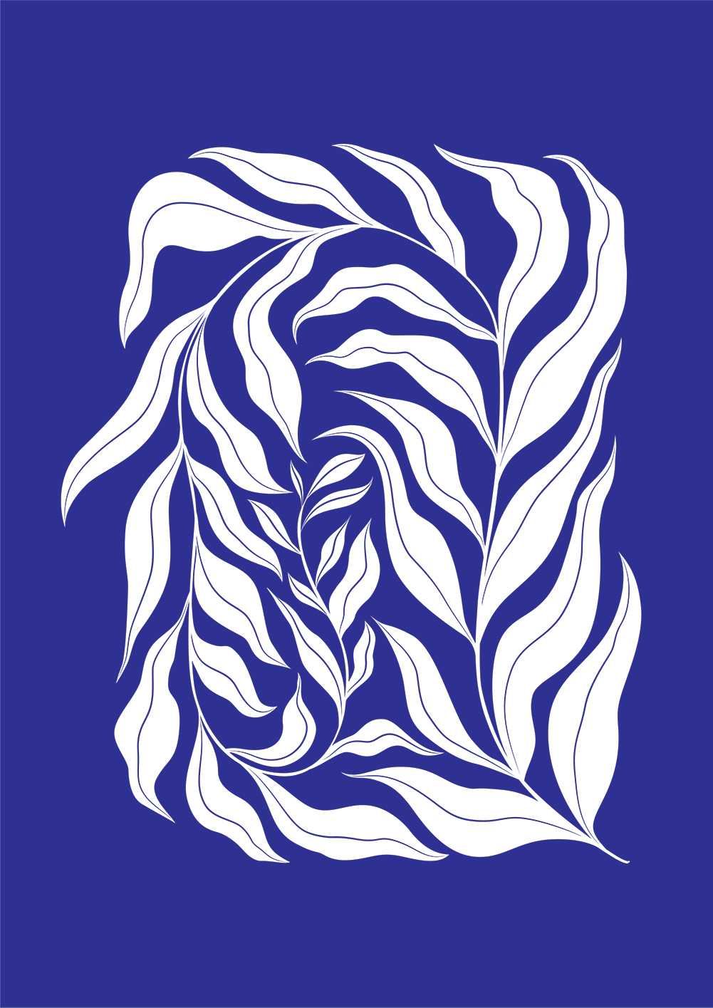 Illustration of a white fern on a dark blue background.